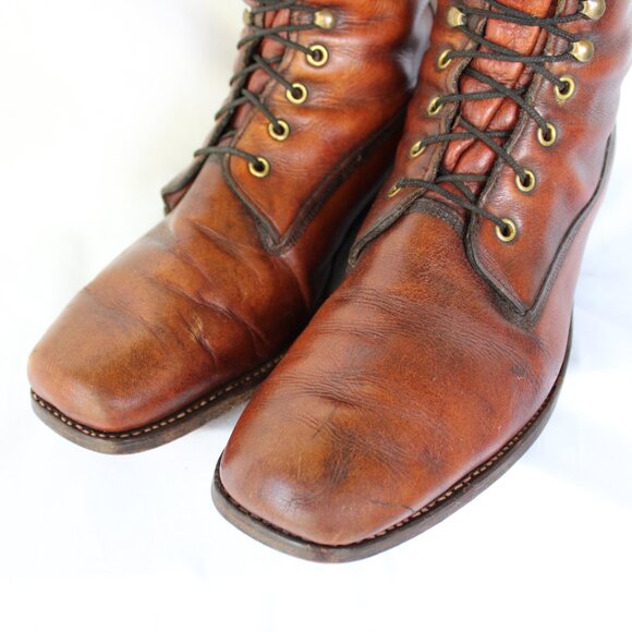 Vintage Frye Brown Leather Lace-up Equestrian Riding campus Black label Boots - Picture 4 of 12